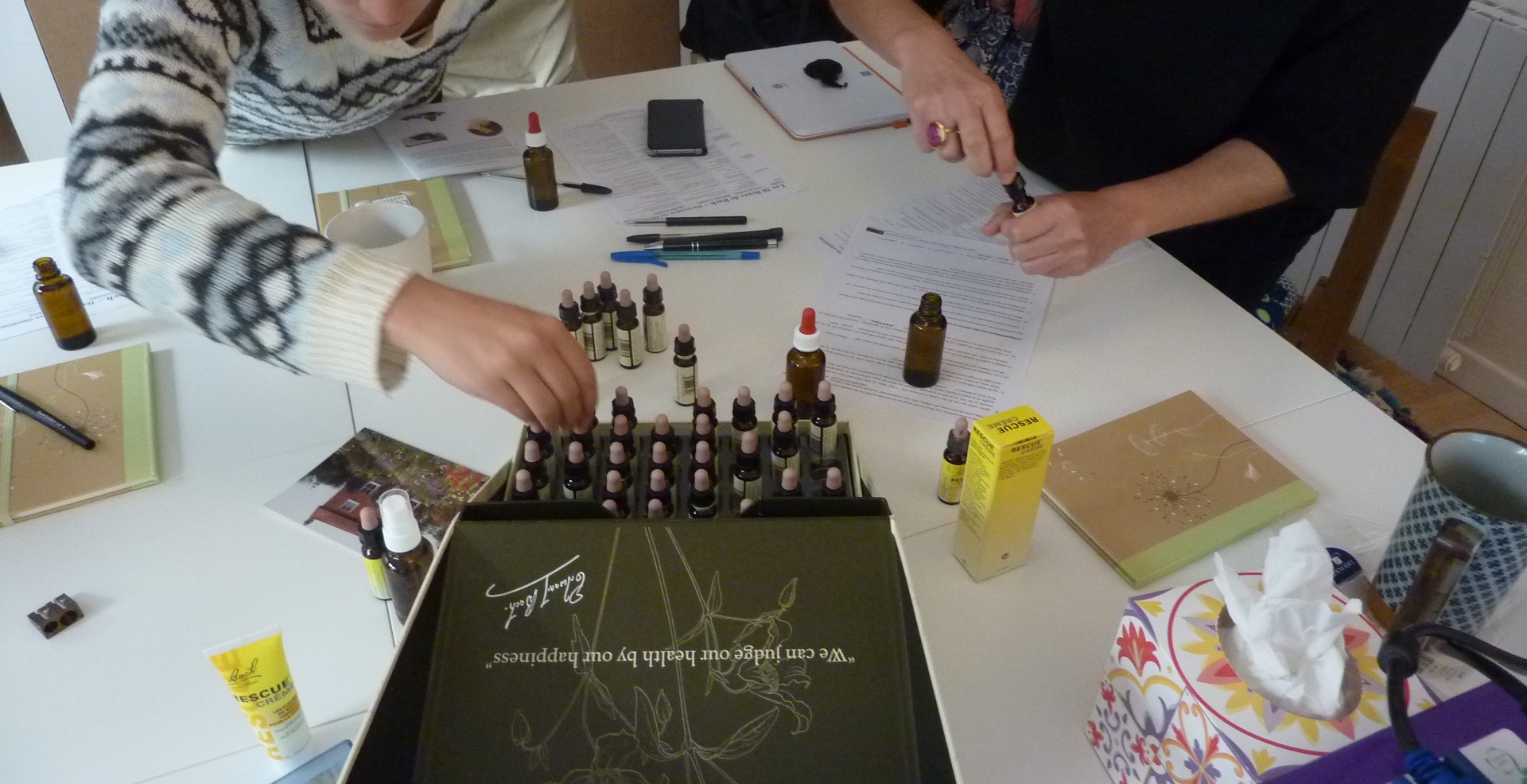 Atelier pratique Fleurs de Bach à Bordeaux où des stagiaires remplissent des flacons