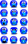 15 émoticons bleus représentant chacun une émotion