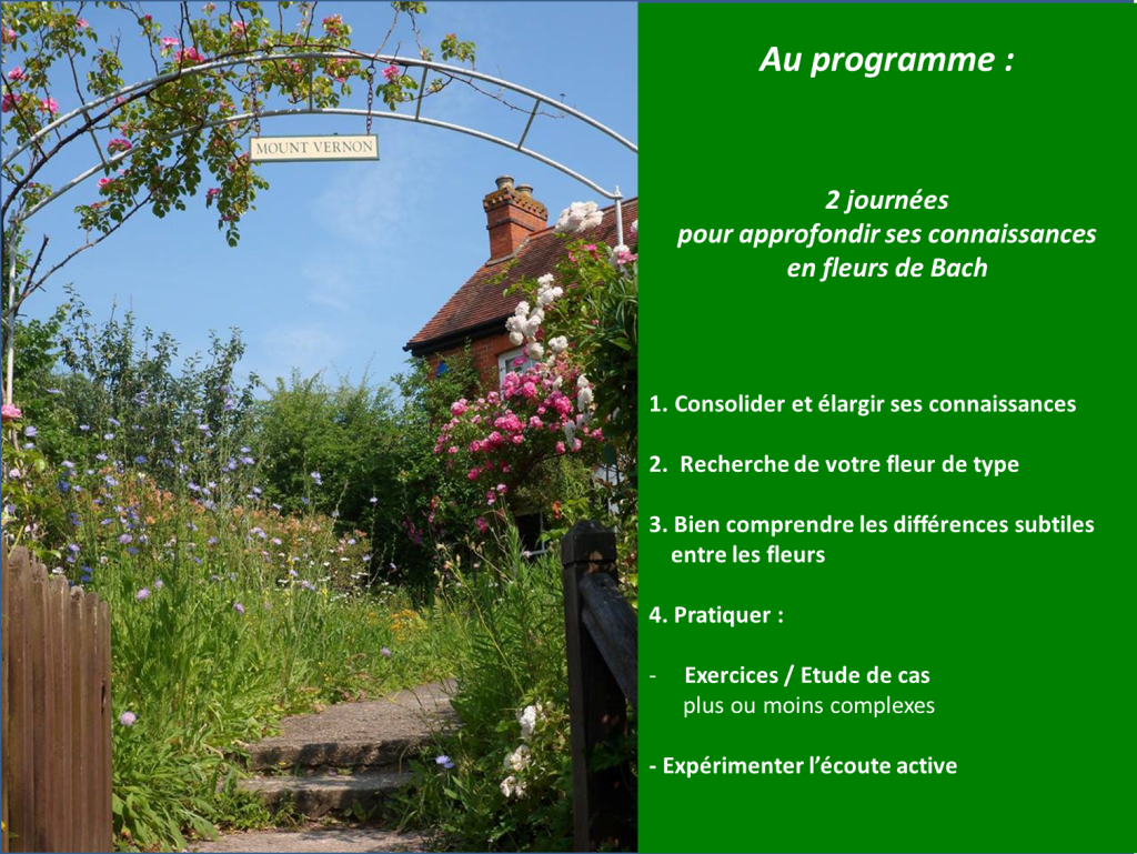 Une photo de la maison du Dr Bach et le programme de la formation pour approfondir vos connaissances en fleurs de Bach