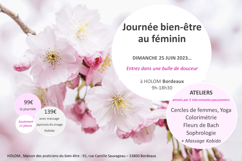 Une branche de fleurs de couleur rose poudrée annonce le titre de l'événement "Journée bien-être au féminin"
