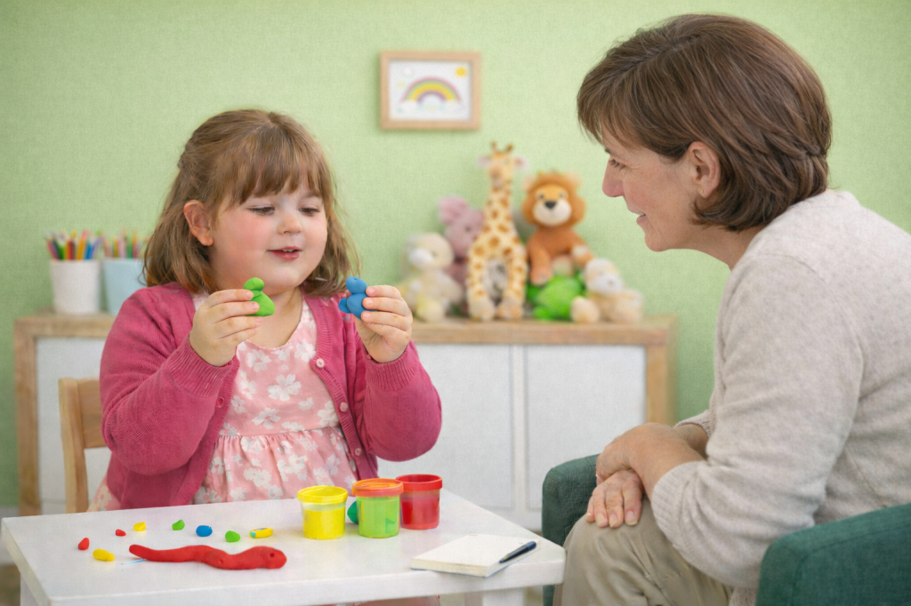 Jeune enfant en séance de thérapie dans un cabinet apaisant, jouant avec de la pâte à modeler face à une psychologue attentive, dans un environnement doux aux tons verts et beige, avec jouets et peluches en arrière-plan.