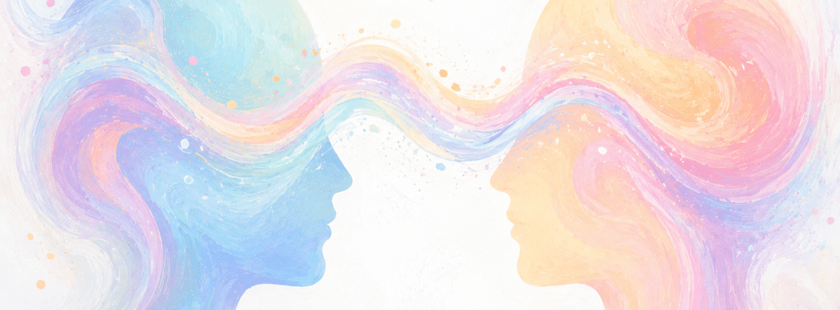 deux visages de profil dont les inconscients dansent comme une vague